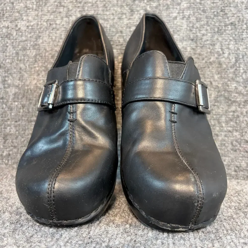 Bjorndal Black Leather Buckle Strap Clogs Wedge Comfort Mules Shoes Size 8.5